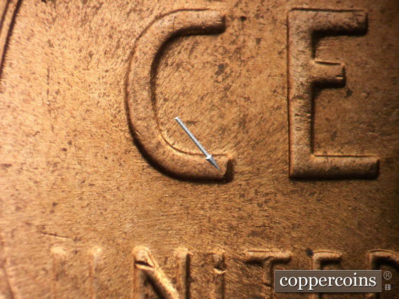 Die-stage C marker on 1957D•1DO•031 (1957 Doubled Die Obverse).