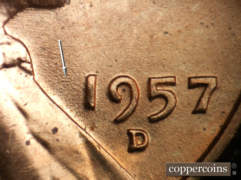 Die-stage B marker on 1957D•1DO•033 (1957 Doubled Die Obverse).
