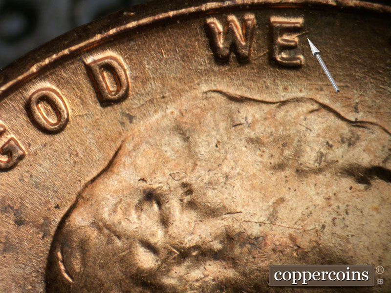 Die-stage B marker on 1957D•1DO•033 (1957 Doubled Die Obverse).