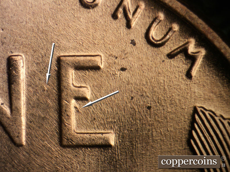 Die-stage B marker on 1957D•1DO•033 (1957 Doubled Die Obverse).