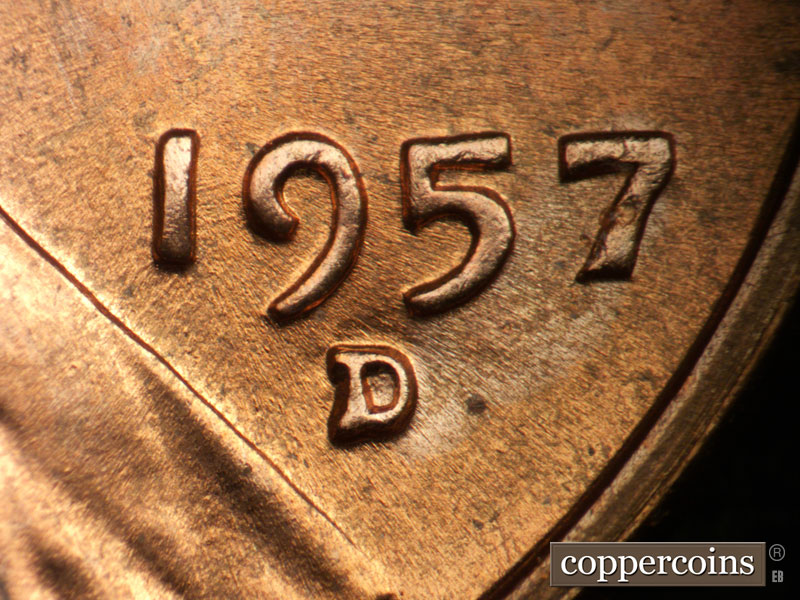 Die-stage B marker on 1957D•1DO•034 (1957 Doubled Die Obverse).