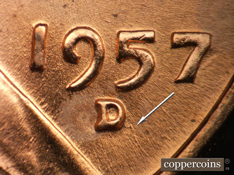Die-stage B marker on 1957D•1DO•035 (1957 Doubled Die Obverse).