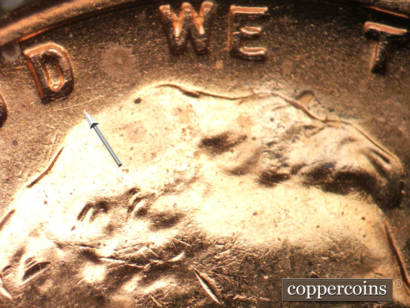 Die-stage B marker on 1957D•1DO•035 (1957 Doubled Die Obverse).