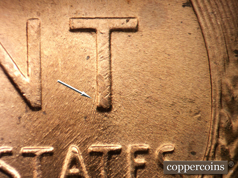Die-stage B marker on 1957D•1DO•035 (1957 Doubled Die Obverse).
