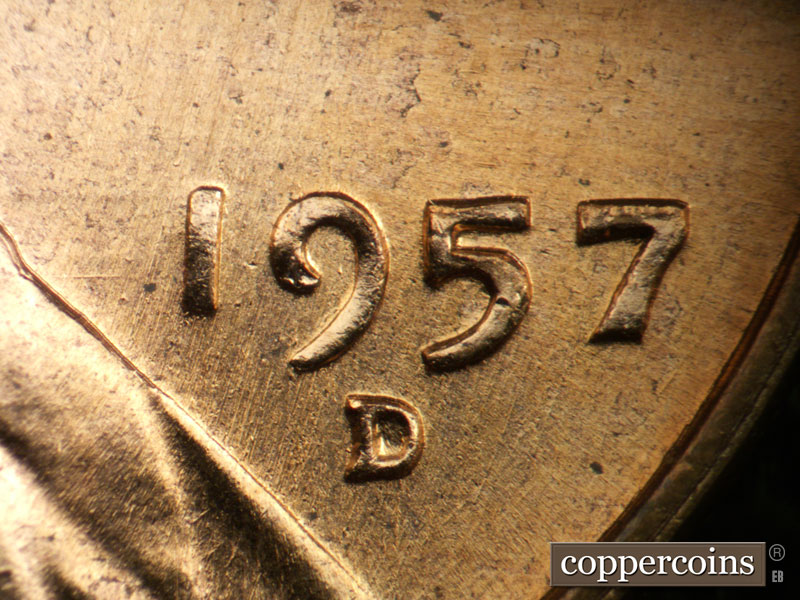 Die-stage B marker on 1957D•1DO•036 (1957 Doubled Die Obverse).