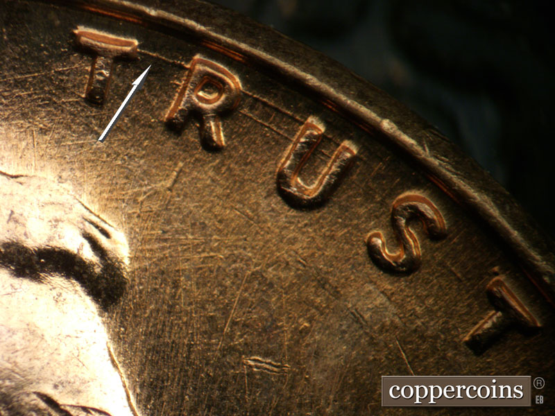Die-stage B marker on 1957D•1DO•036 (1957 Doubled Die Obverse).
