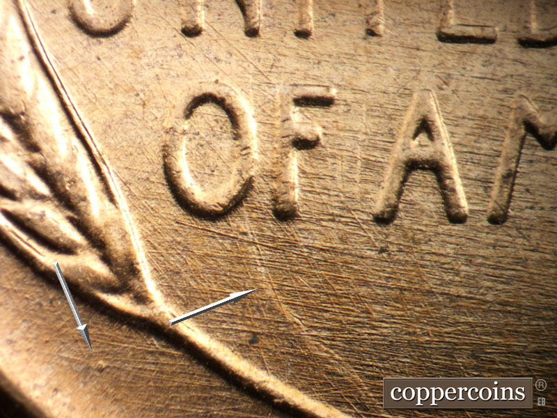 Die-stage B marker on 1957D•1DO•036 (1957 Doubled Die Obverse).