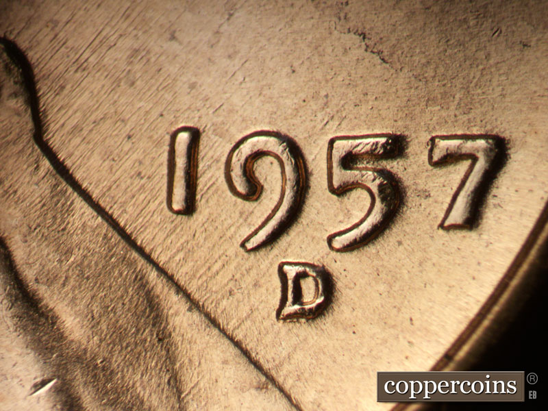 Die-stage C marker on 1957D•1MM•001 (1957 Repunched Mint Mark).