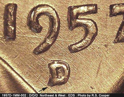 Die-stage A marker on 1957D•1MM•002 (1957 Repunched Mint Mark).