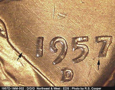 Die-stage A marker on 1957D•1MM•002 (1957 Repunched Mint Mark).