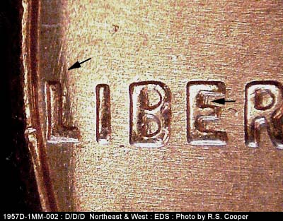 Die-stage A marker on 1957D•1MM•002 (1957 Repunched Mint Mark).