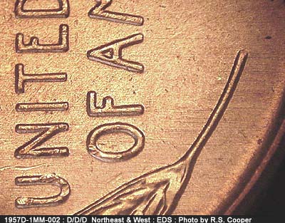 Die-stage A marker on 1957D•1MM•002 (1957 Repunched Mint Mark).