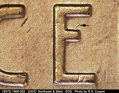 Die-stage A marker on 1957D•1MM•002 (1957 Repunched Mint Mark).