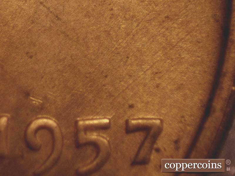 Die-stage C marker on 1957D•1MM•002 (1957 Repunched Mint Mark).