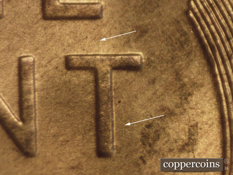 Die-stage C marker on 1957D•1MM•002 (1957 Repunched Mint Mark).