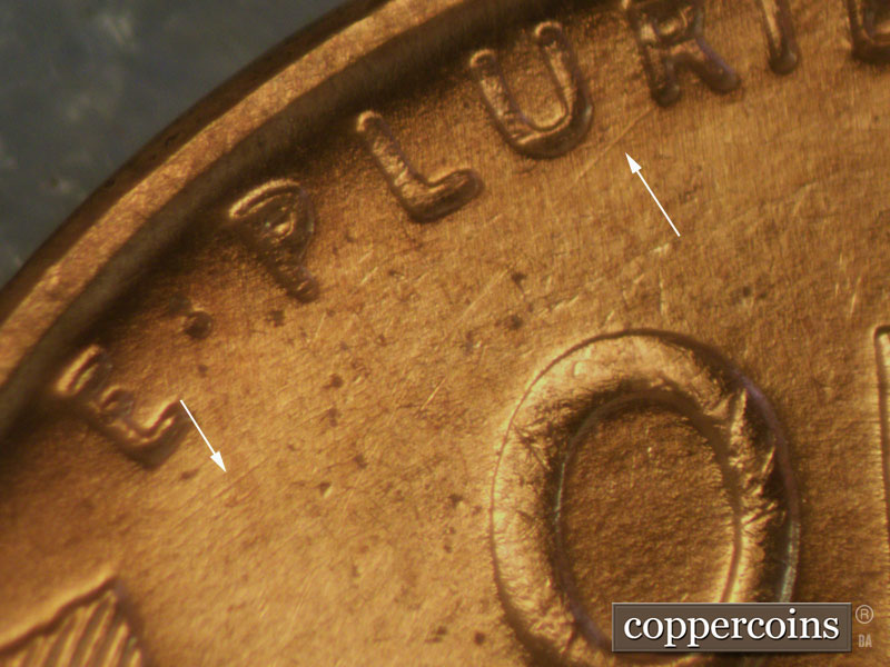 Die-stage A marker on 1957D•1MM•003 (1957 Repunched Mint Mark).