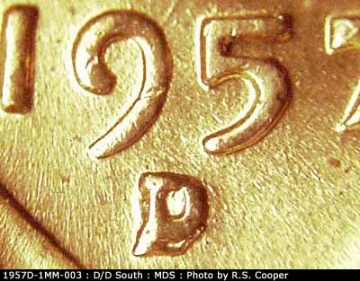 1957 Lincoln cent obverse, CopperCoins die 1957D•1MM•003.
