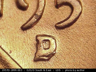 Die-stage C marker on 1957D•1MM•003 (1957 Repunched Mint Mark).