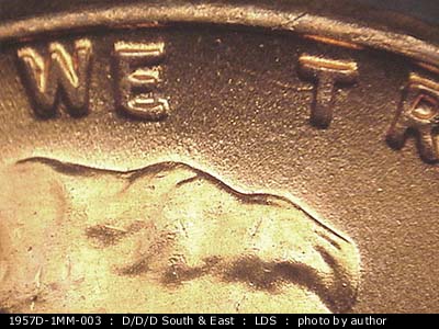 Die-stage C marker on 1957D•1MM•003 (1957 Repunched Mint Mark).