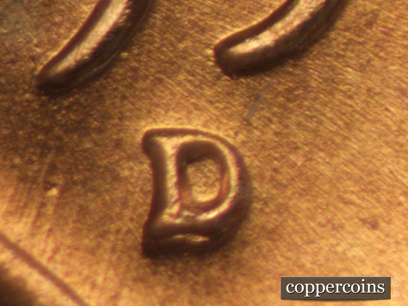 Die-stage A marker on 1957D•1MM•005 (1957 Repunched Mint Mark).