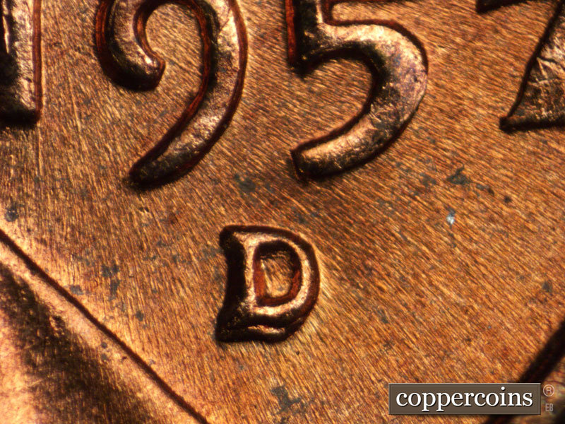 1957 Lincoln cent obverse, CopperCoins die 1957D•1MM•005.
