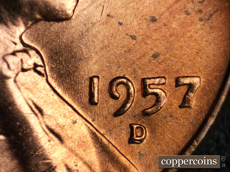 Die-stage B marker on 1957D•1MM•005 (1957 Repunched Mint Mark).