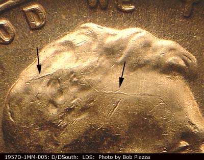 Die-stage C marker on 1957D•1MM•005 (1957 Repunched Mint Mark).