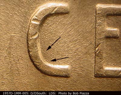 Die-stage C marker on 1957D•1MM•005 (1957 Repunched Mint Mark).