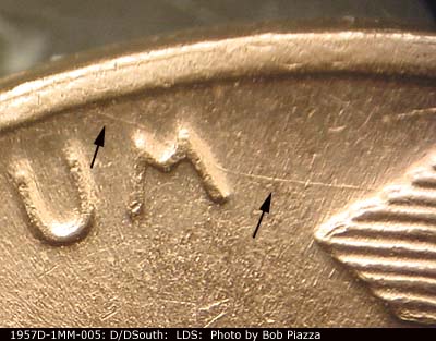 Die-stage C marker on 1957D•1MM•005 (1957 Repunched Mint Mark).