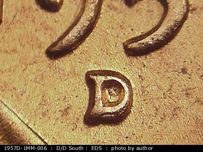 Die-stage A marker on 1957D•1MM•006 (1957 Repunched Mint Mark).