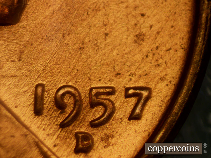 Die-stage B marker on 1957D•1MM•006 (1957 Repunched Mint Mark).