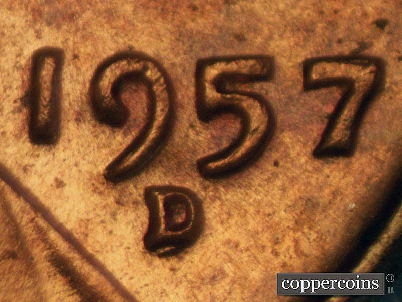Die-stage A marker on 1957D•1MM•007 (1957 Repunched Mint Mark).