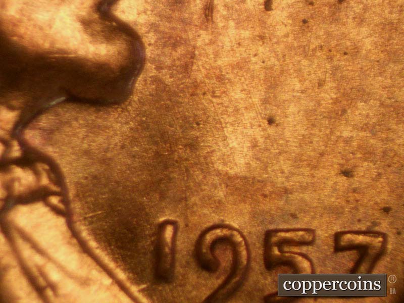 Die-stage A marker on 1957D•1MM•007 (1957 Repunched Mint Mark).