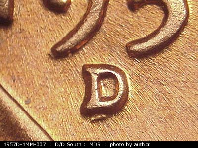 1957 Lincoln cent obverse, CopperCoins die 1957D•1MM•007.