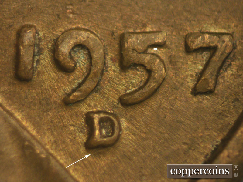 Die-stage C marker on 1957D•1MM•007 (1957 Repunched Mint Mark).