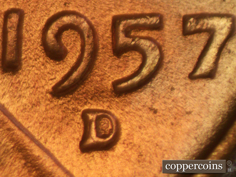 Die-stage A marker on 1957D•1MM•008 (1957 Repunched Mint Mark).