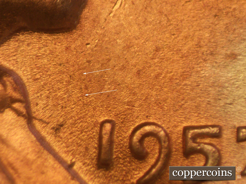 Die-stage A marker on 1957D•1MM•008 (1957 Repunched Mint Mark).