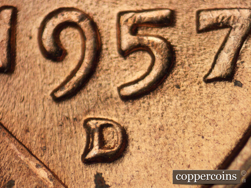1957 Lincoln cent obverse, CopperCoins die 1957D•1MM•008.