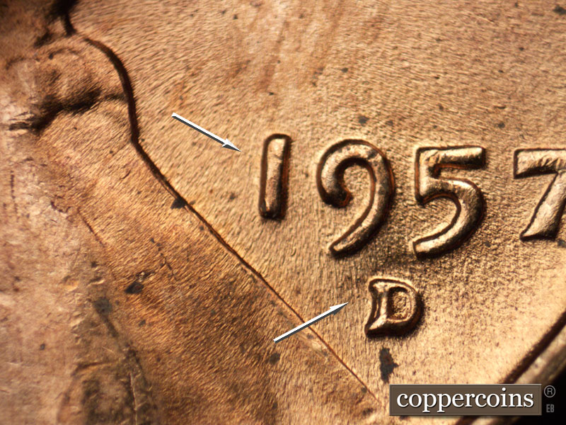Die-stage B marker on 1957D•1MM•008 (1957 Repunched Mint Mark).