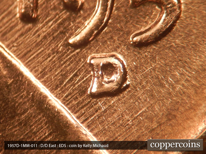 Die-stage A marker on 1957D•1MM•011 (1957 Repunched Mint Mark).