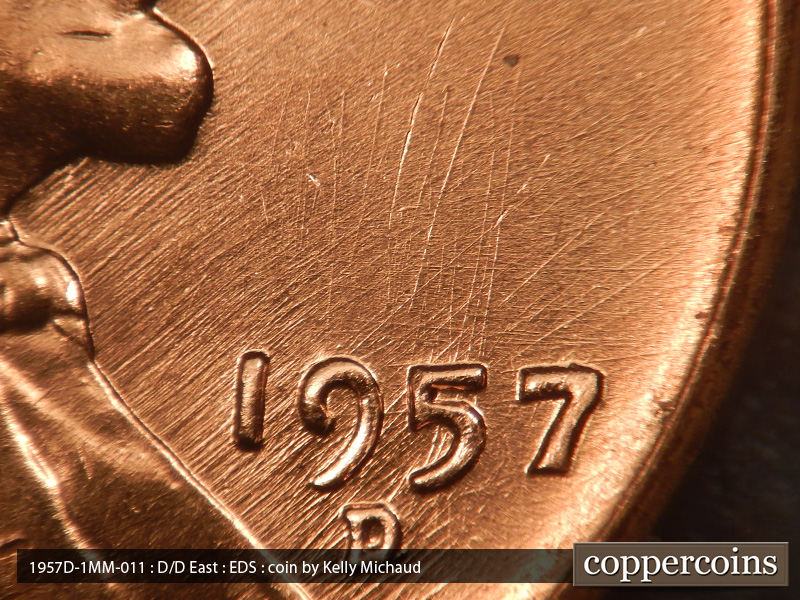 Die-stage A marker on 1957D•1MM•011 (1957 Repunched Mint Mark).