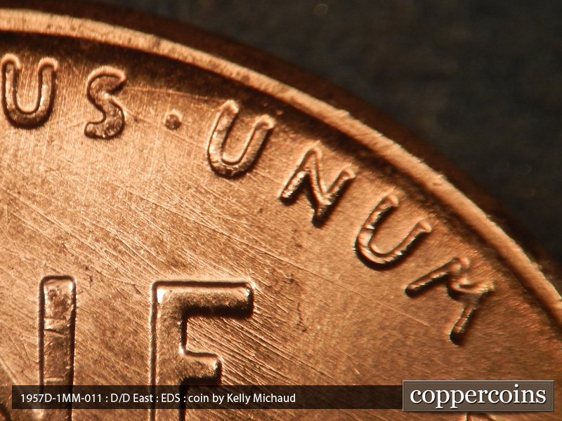 Die-stage A marker on 1957D•1MM•011 (1957 Repunched Mint Mark).