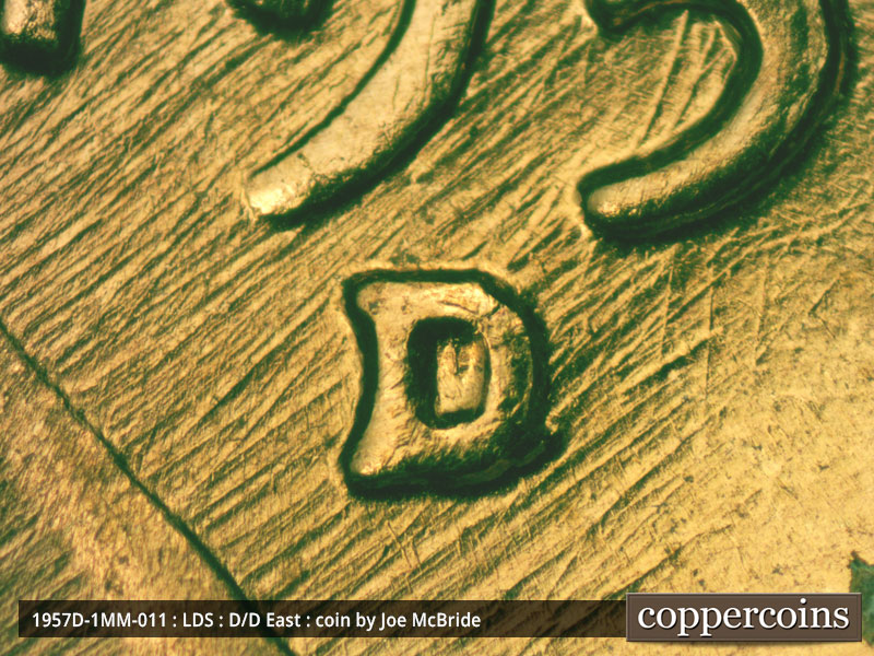 Die-stage C marker on 1957D•1MM•011 (1957 Repunched Mint Mark).