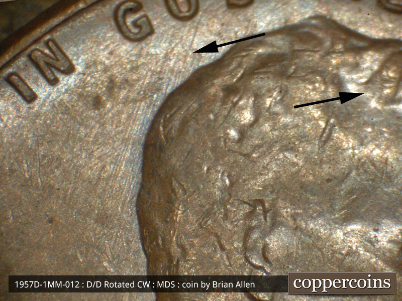 Die-stage B marker on 1957D•1MM•012 (1957 Repunched Mint Mark).