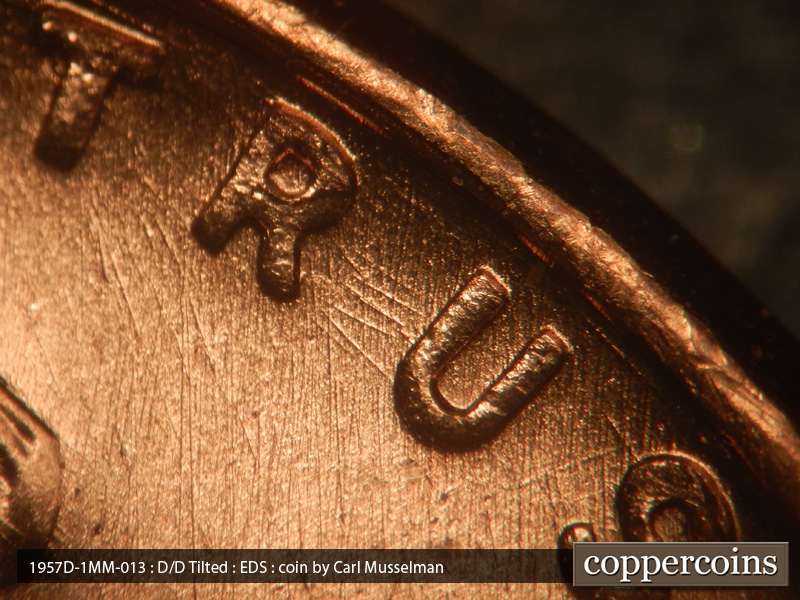 Die-stage A marker on 1957D•1MM•013 (1957 Repunched Mint Mark).