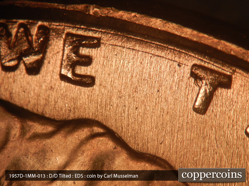 Die-stage A marker on 1957D•1MM•013 (1957 Repunched Mint Mark).