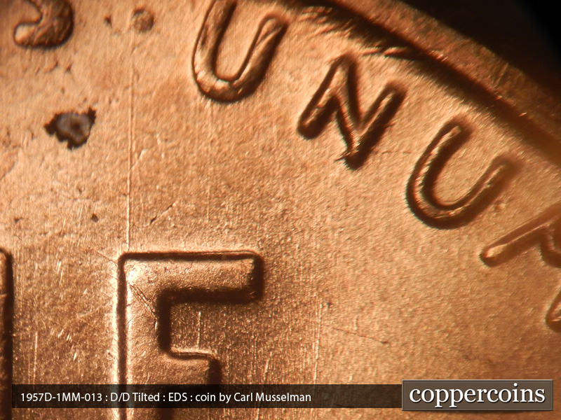 Die-stage A marker on 1957D•1MM•013 (1957 Repunched Mint Mark).