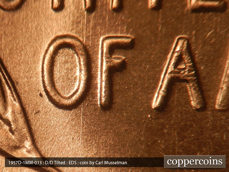 Die-stage A marker on 1957D•1MM•013 (1957 Repunched Mint Mark).