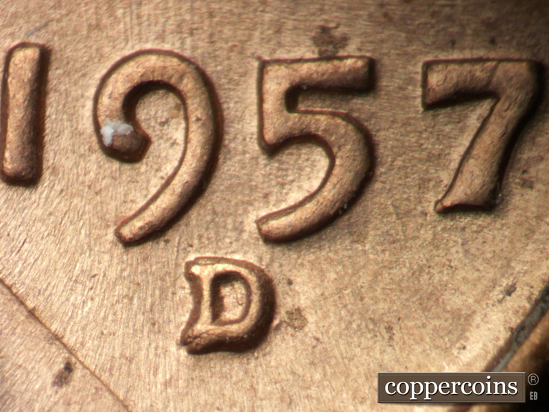 1957 Lincoln cent obverse, CopperCoins die 1957D•1MM•014.