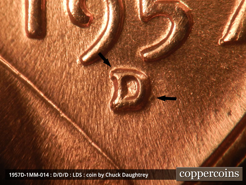 Die-stage C marker on 1957D•1MM•014 (1957 Repunched Mint Mark).